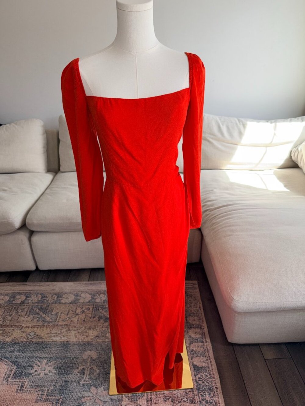 Reformation red midi dress with square neckline and long sleeves Small